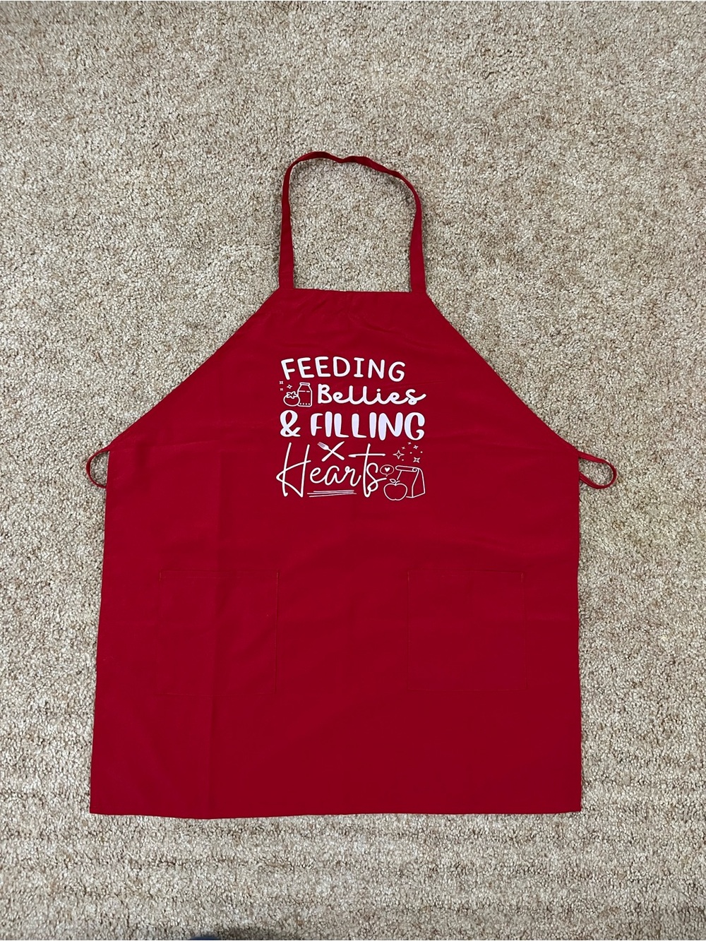 Red "Feeding Bellies & Filling Hearts" Kitchen Apron with Pockets